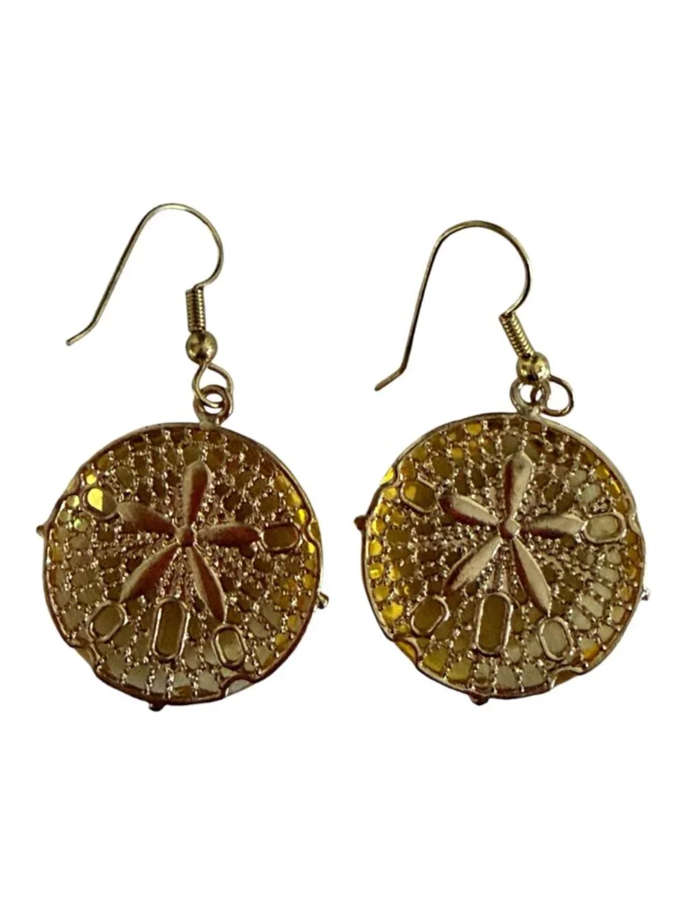 Vintage Gold Tone Sand Dollar Dangle Earrings Honey Amber Acrylic Beach Coastal